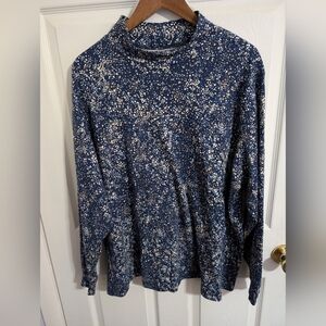 Lands End Top Blue Womens Long Sleeve Mock Neck Plus Size 2X Cotton Dots Relaxed